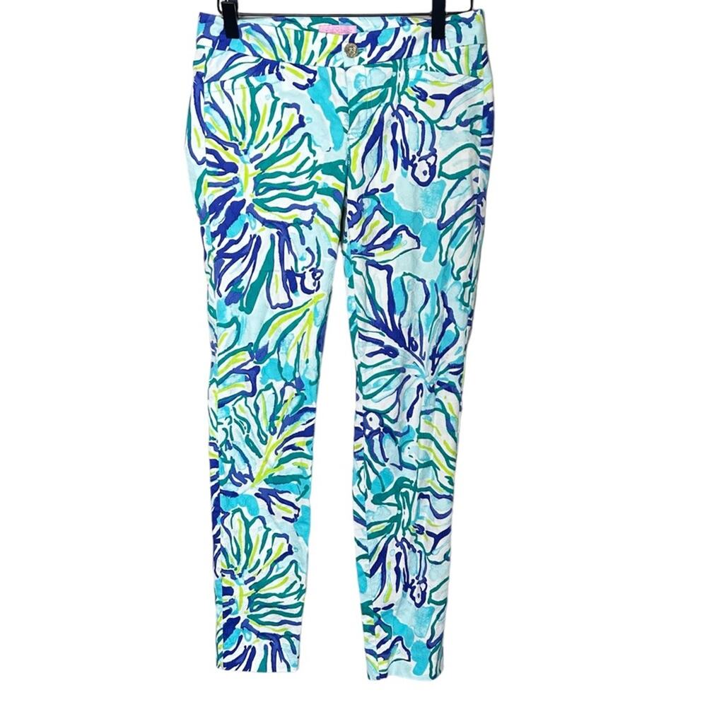 Lilly Pulitzer Blue Green Floral Printed Pants Size 0